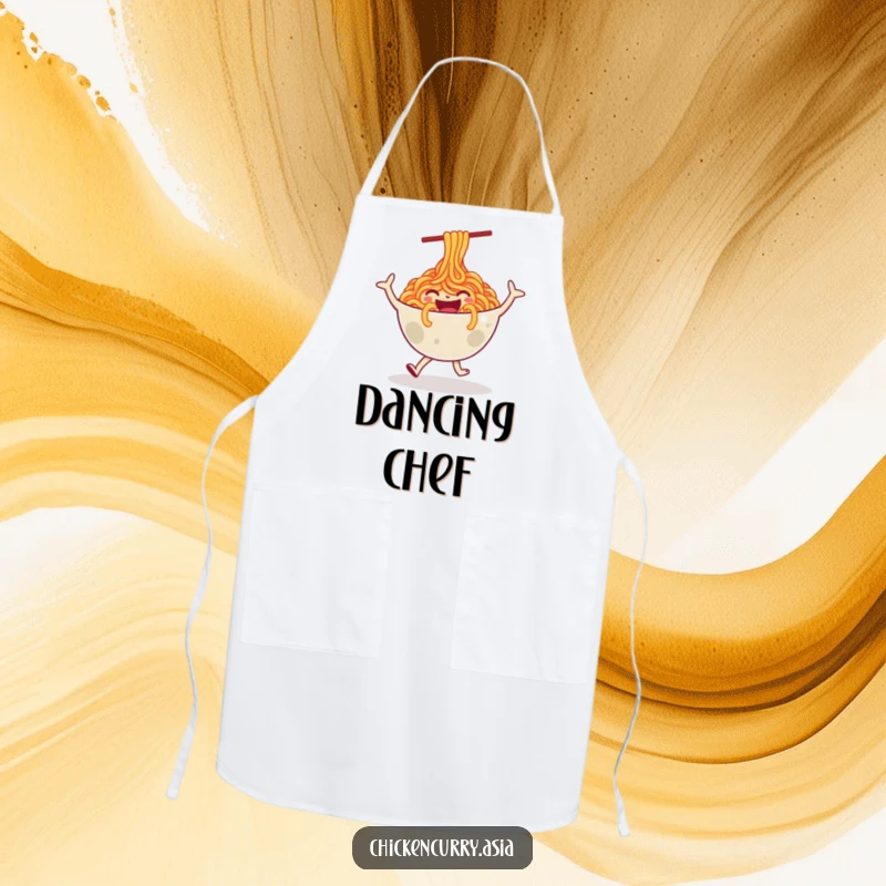 Funny cooking apron with a happy, stylized bowl of noodles character doing a joyful dance, perfect for meal preparation.