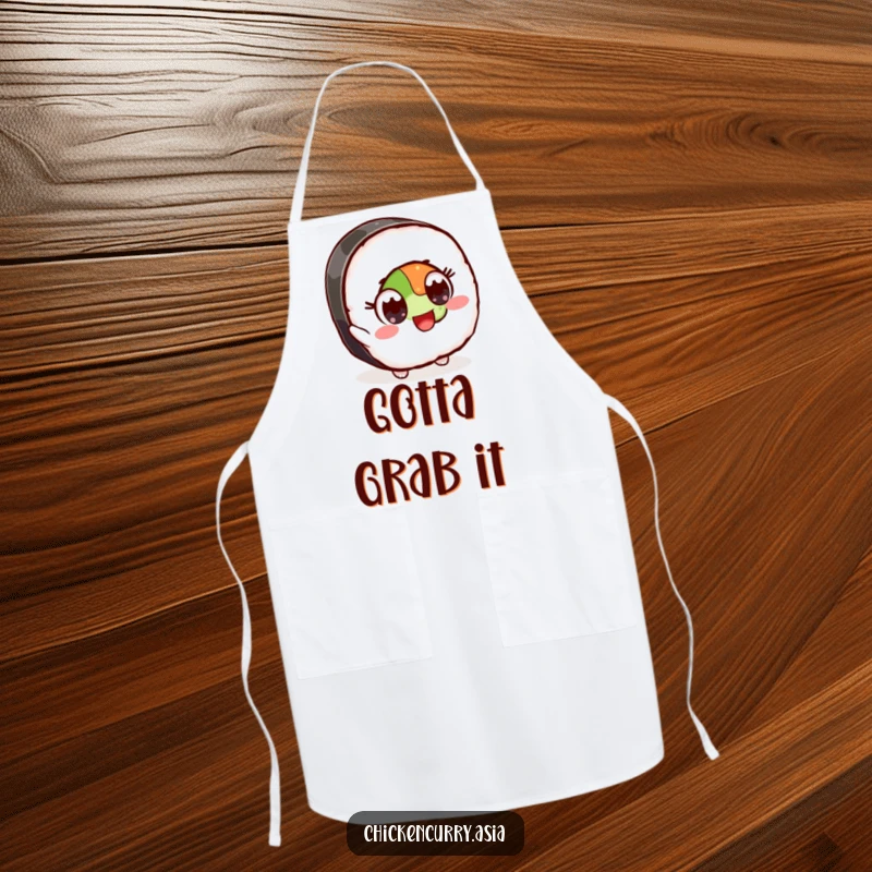 Funny cooking apron with a stylized sushi character having wide, excited eyes, reaching for an ingredient, perfect for food prep.