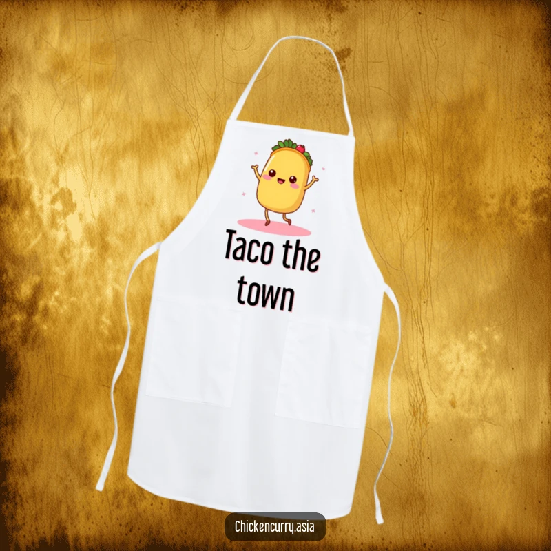 Funny taco apron, a dancing character with tiny legs radiating warmth, great for cooking.