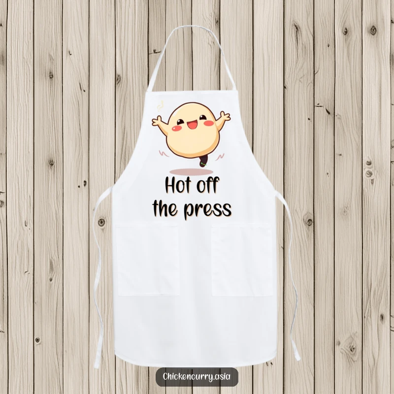 Funny apron for cooking, depicting a smiling dumpling character joyfully leaping and trailing steam, adding humor to meal prep.