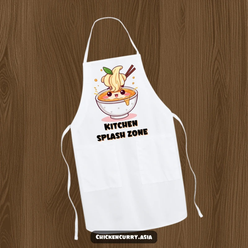 Funny ramen apron, a character with a fun expression splashing broth, great for cooking.