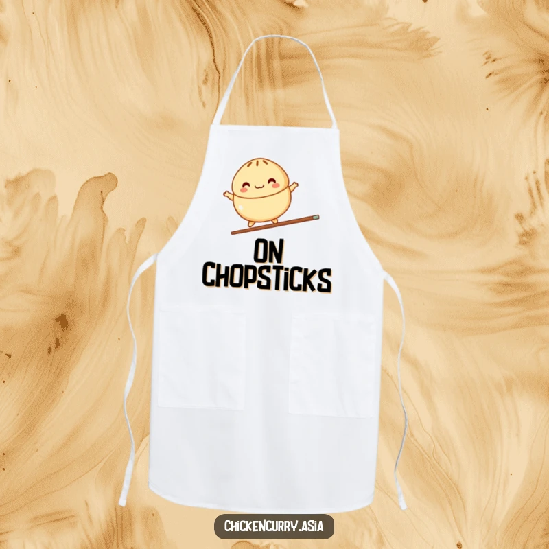 Funny cooking apron with a colorful, stylized steamed bun character joyfully balancing on a single chopstick, perfect for meal prep.