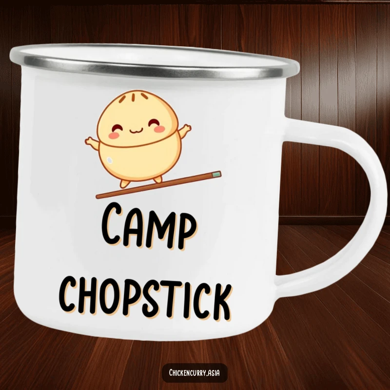 Funny enamel camping mug featuring a colorful, stylized steamed bun character joyfully balancing on a single chopstick, built for outdoors.