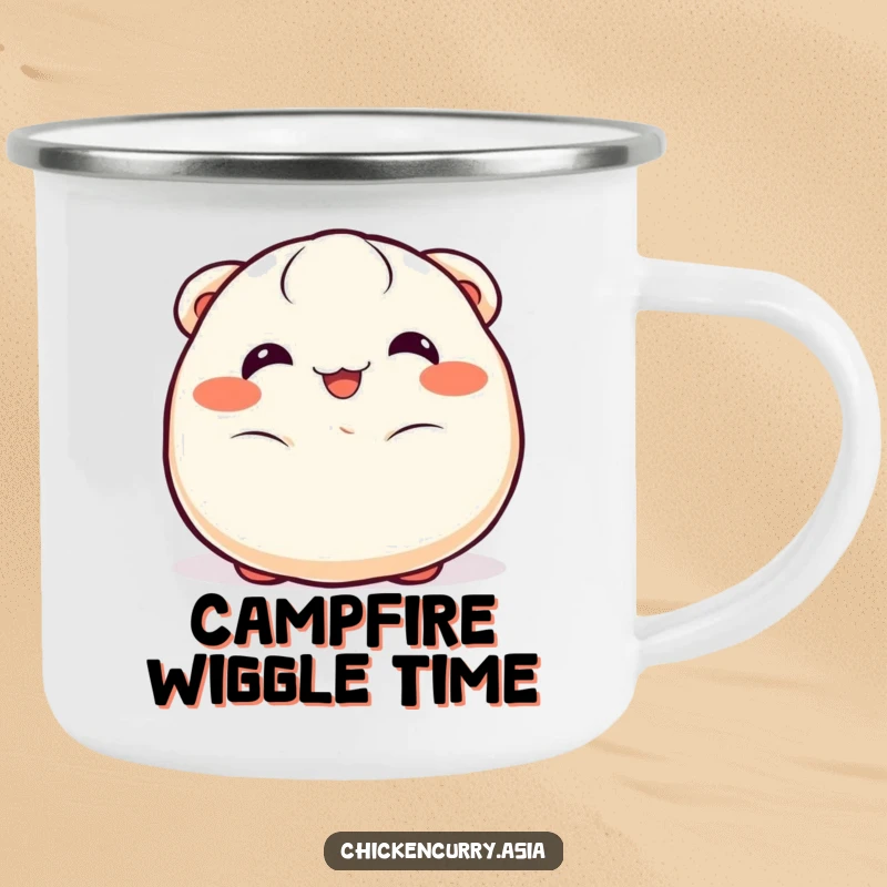Funny dumpling camping mug, a cheerful character with happy eyes wiggling joyfully, for outdoor use.