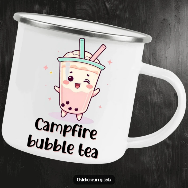 Funny boba tea camping mug, a playful character with a straw doing a celebratory spin, perfect for outdoors.