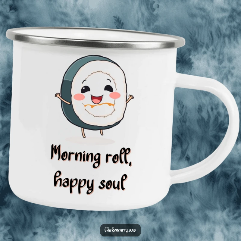Funny sushi roll camping mug, a smiling character with tiny legs dancing, perfect for outdoor adventures.