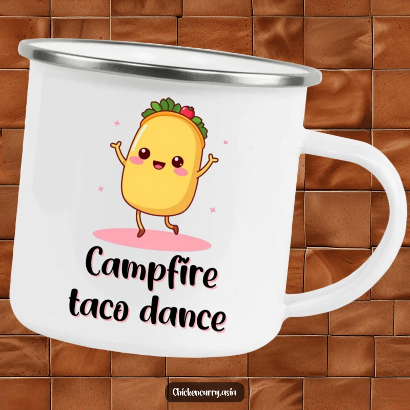 Funny taco camping mug, a dancing character with tiny legs radiating warmth, perfect for outdoors.