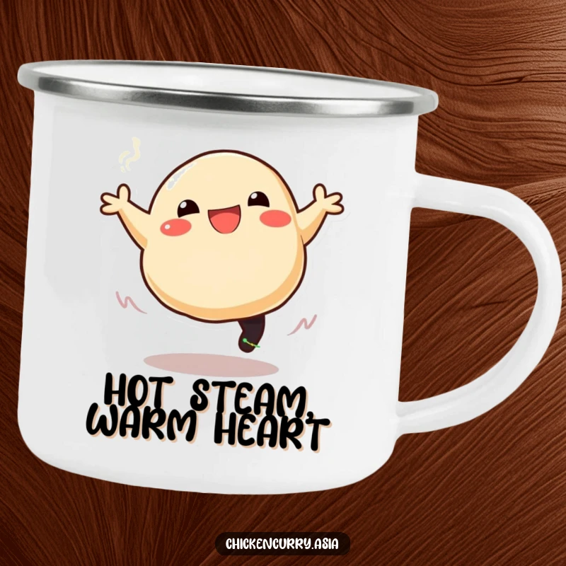 Funny enamel camping mug featuring a stylized smiling dumpling character leaping joyfully with steam trailing, designed for rugged use.