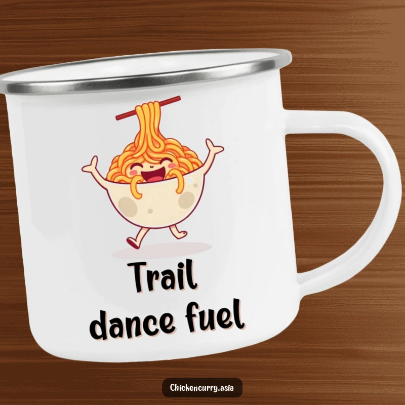 Funny enamel camping mug with a happy, stylized bowl of noodles character doing a joyful dance, built for outdoor use.