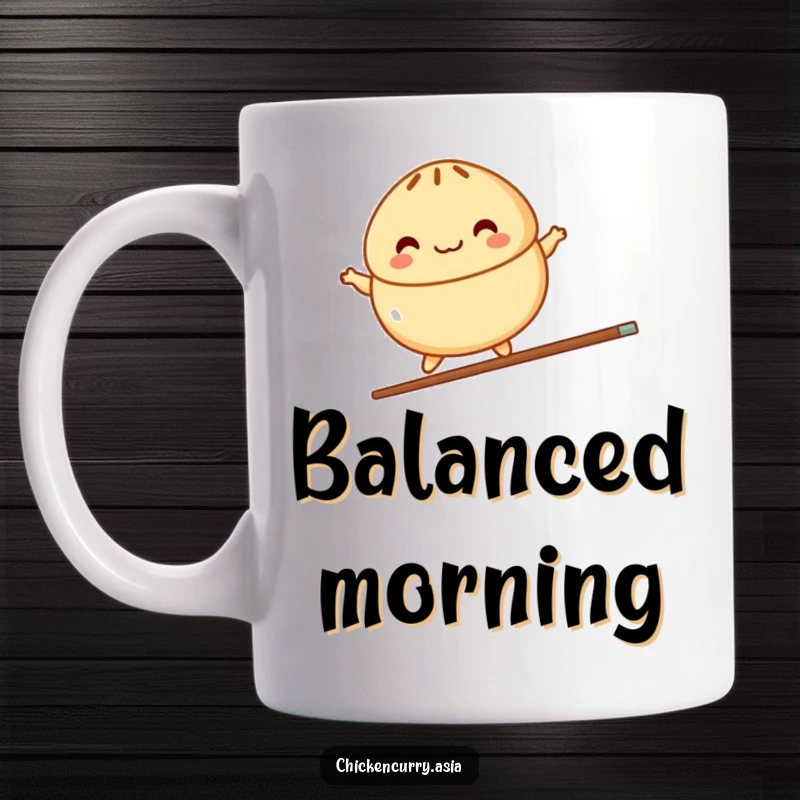 Funny mug with a colorful, stylized steamed bun character joyfully balancing on a single chopstick, a true balancing act.
