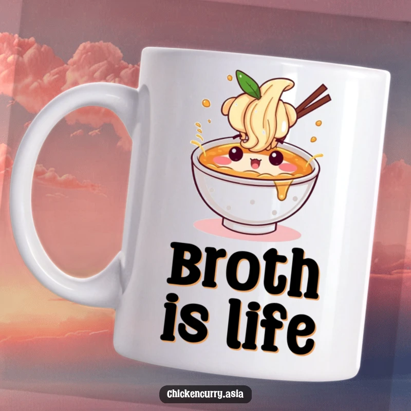 Funny ramen bowl mug, a character with a fun expression splashing broth, perfect for noodle lovers.