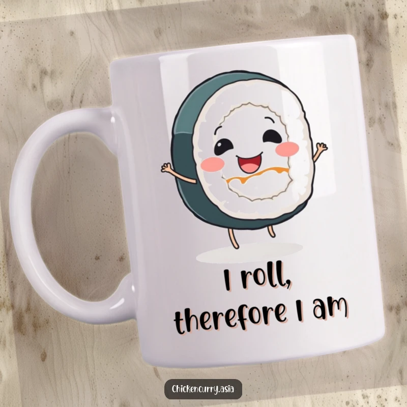 Funny sushi roll mug featuring a smiling character with tiny legs dancing happily, perfect for a cheerful breakfast.
