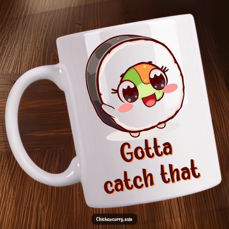 Funny sushi mug featuring a stylized sushi piece character with wide, excited eyes, reaching eagerly for an ingredient.