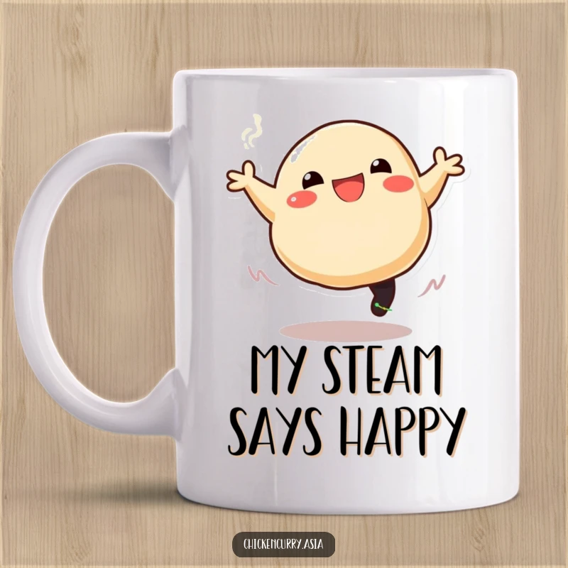 Funny dumpling mug featuring a smiling cartoon dumpling leaping joyfully, trailing wisps of steam, perfect for a caffeine boost.