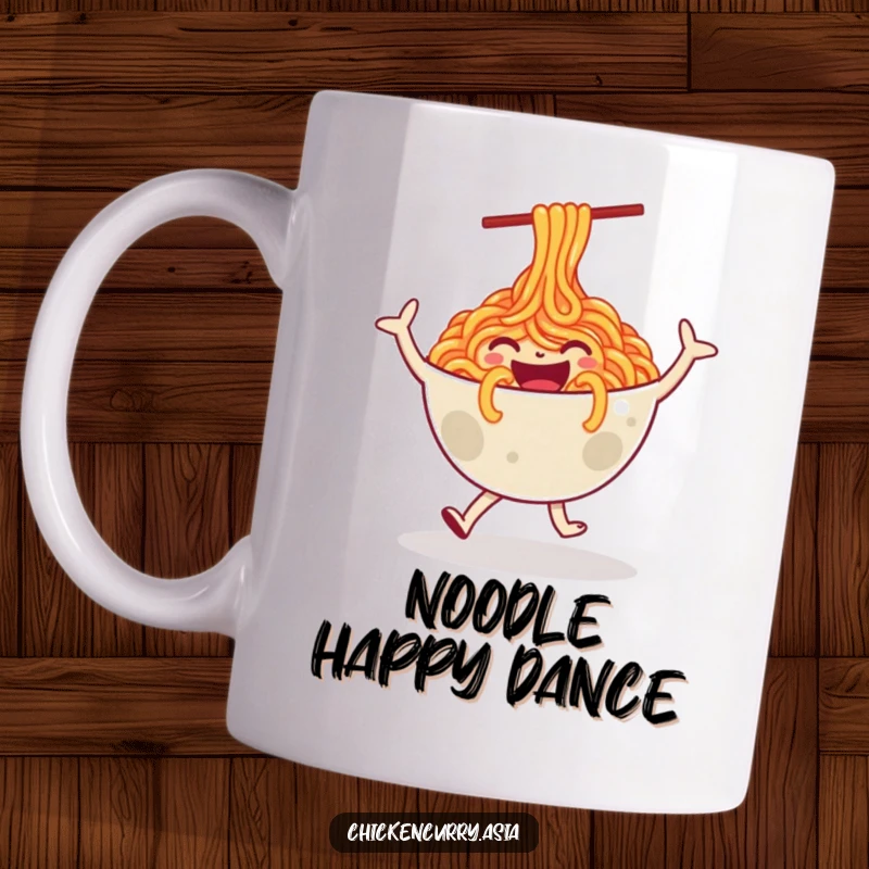 Funny noodle mug with a happy, stylized bowl of noodles character performing a joyful dance, ready to stir up smiles.