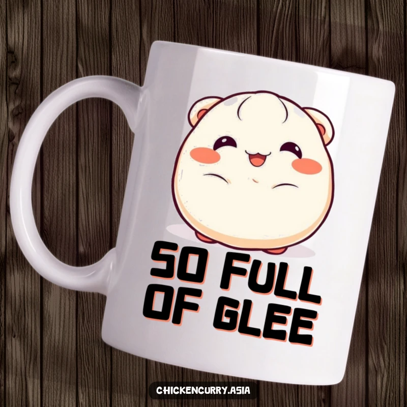 Funny dumpling mug featuring a cheerful character with happy eyes wiggling joyfully, a delightful food accessory.