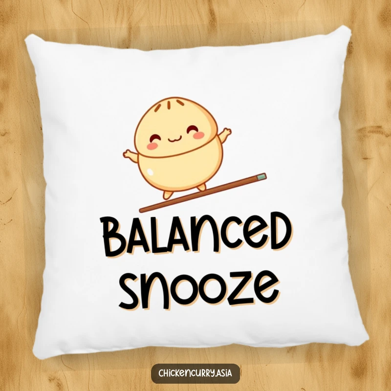 Funny pillow featuring a colorful, stylized steamed bun character joyfully balancing on a single chopstick, offering comfort and charm.