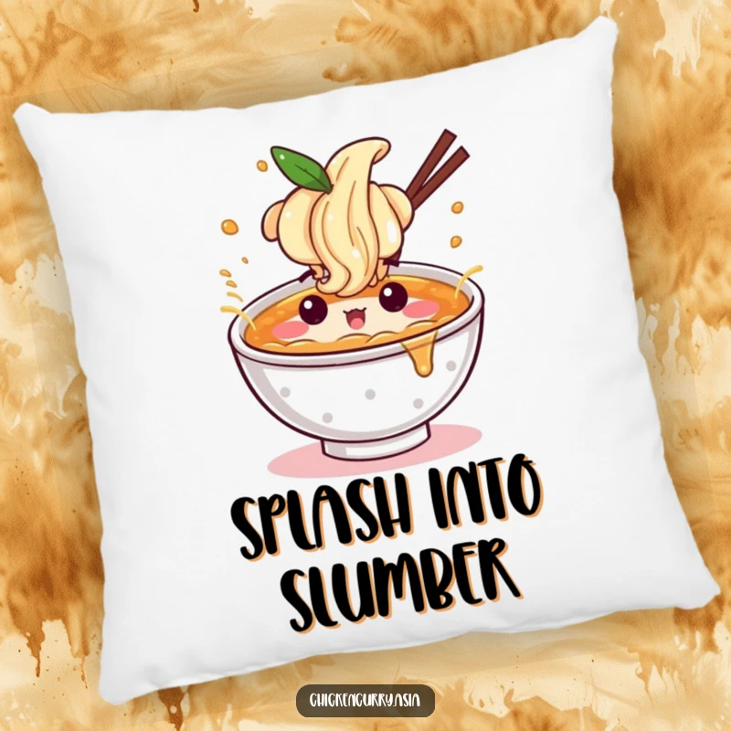 Funny ramen pillow, a character with a fun expression splashing broth, soft and decorative.