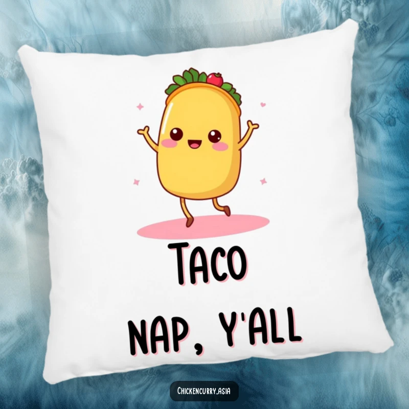 Funny taco pillow, a dancing character with tiny legs radiating warmth, soft and decorative.