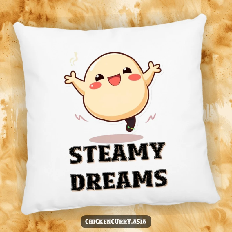 Funny pillow featuring a happy, stylized dumpling character leaping with steam trailing, providing comfort and a touch of humor.