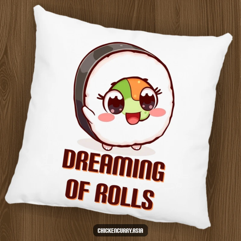 Funny pillow featuring a stylized sushi character with wide, excited eyes reaching for an ingredient, offering comfort and humor.