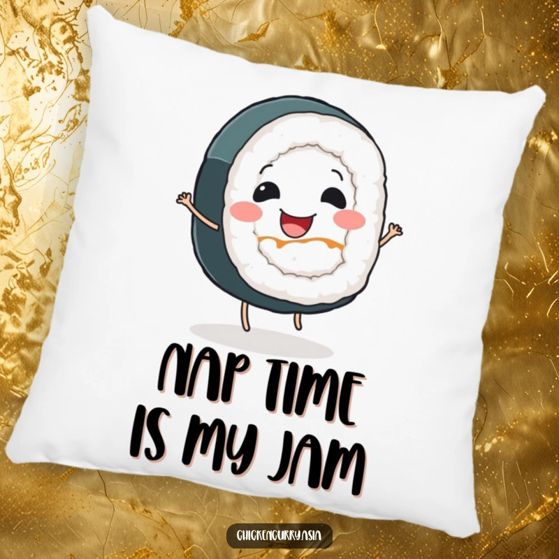 Funny sushi roll pillow, a smiling character with tiny legs dancing happily, soft and decorative.