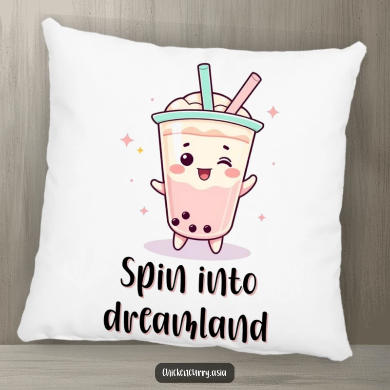 Funny boba tea pillow, a playful character with a straw doing a celebratory spin, soft and decorative.