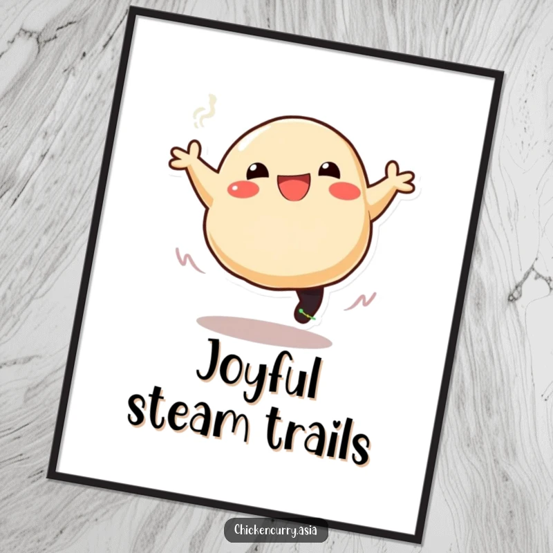 Funny digital art print of a stylized, smiling dumpling character leaping with steam, ready to be printed and displayed.