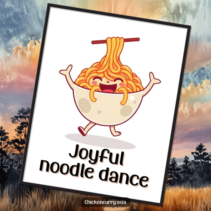 Funny digital art print of a stylized, happy bowl of noodles character performing a joyful dance, ready for printing.