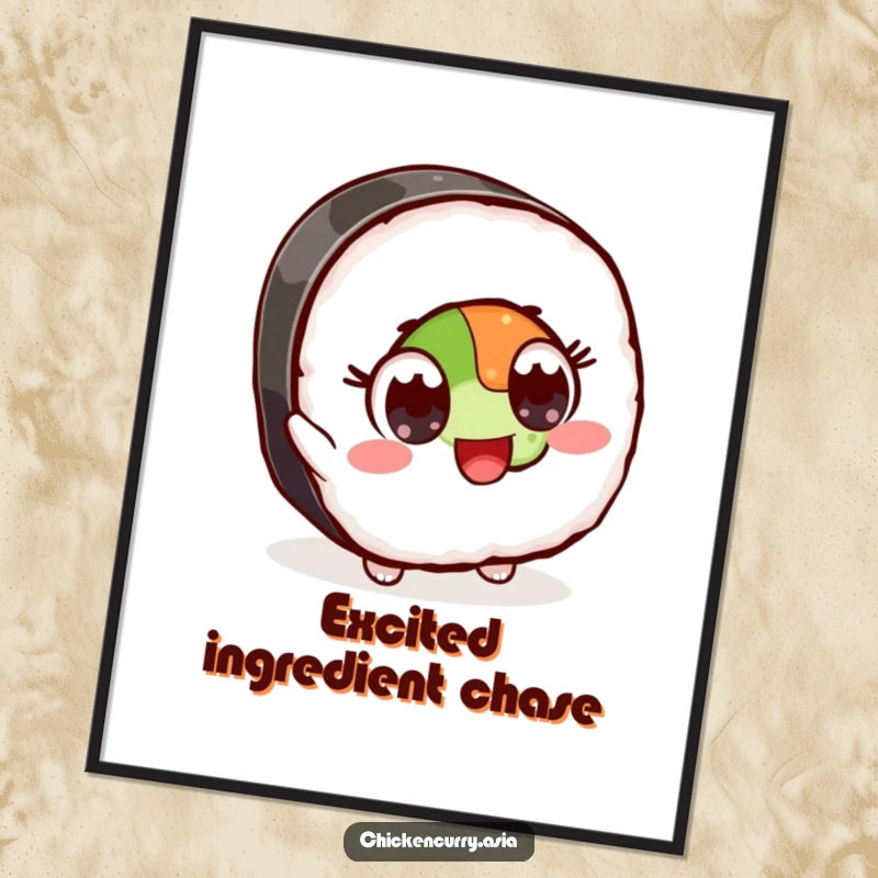 Funny digital art print of a stylized sushi character with wide, excited eyes reaching for an ingredient, ready for printing.