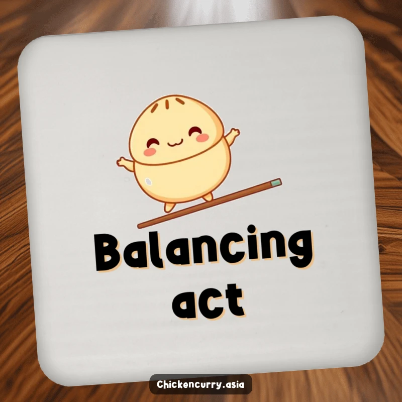 Funny drink coaster featuring a colorful, stylized steamed bun character joyfully balancing on a single chopstick, protecting surfaces.