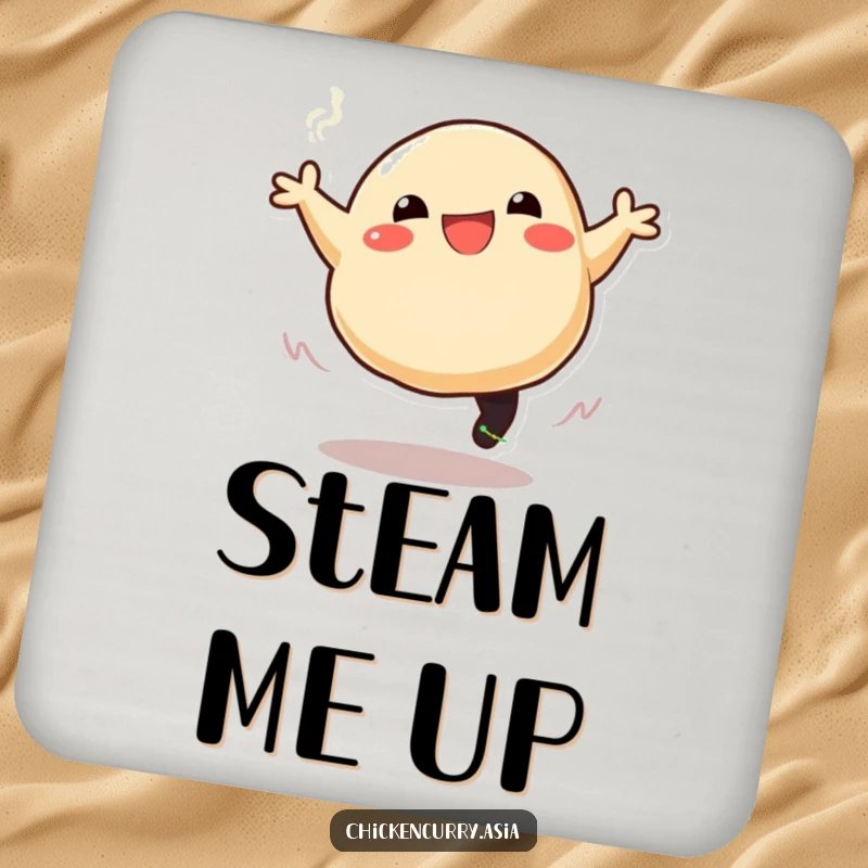 Funny drink coaster featuring a smiling dumpling character leaping joyfully, trailing steam, protecting surfaces with cartoon charm.