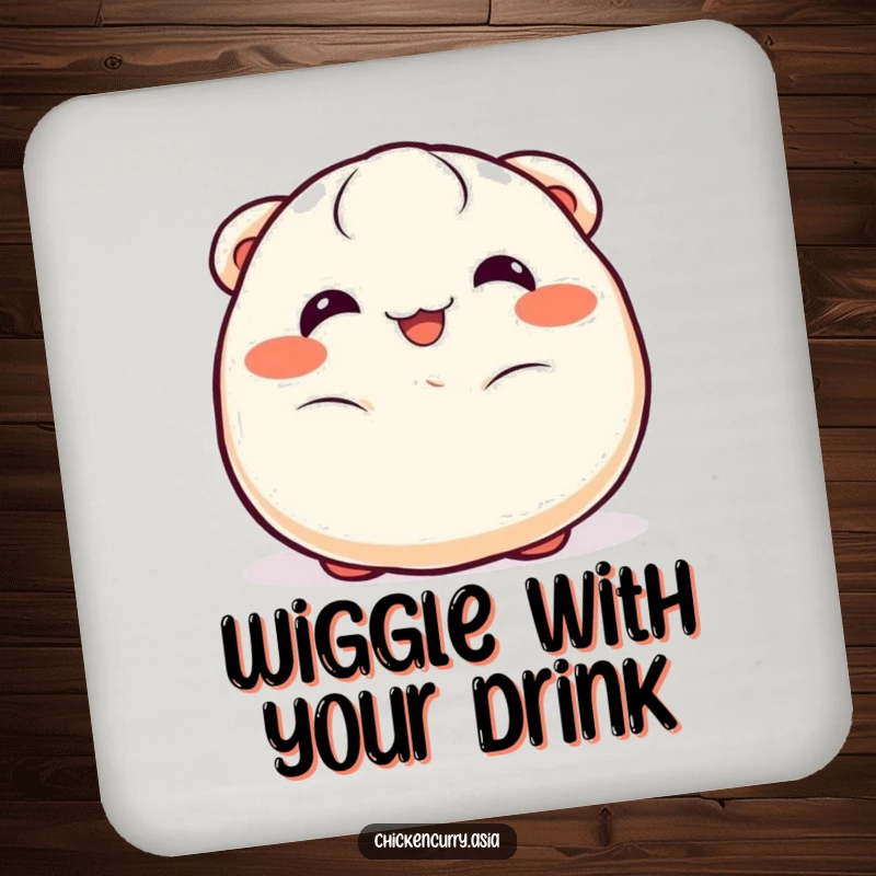 Funny dumpling drink coaster, a cheerful character with happy eyes wiggling joyfully, for surface protection.