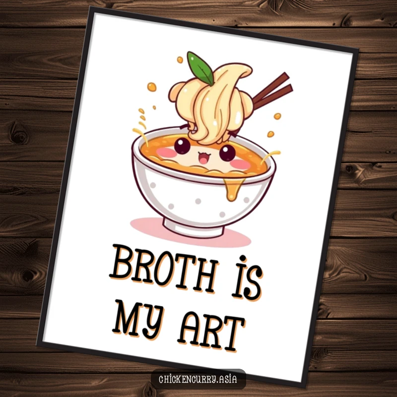 Funny ramen splash poster, a character with a fun expression splashing broth, energetic wall art.