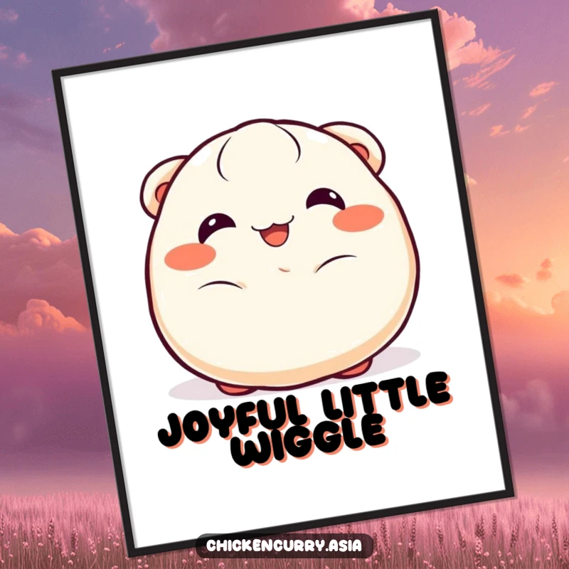 Funny dumpling poster, a cheerful character with happy eyes wiggling joyfully, vibrant kitchen decor.