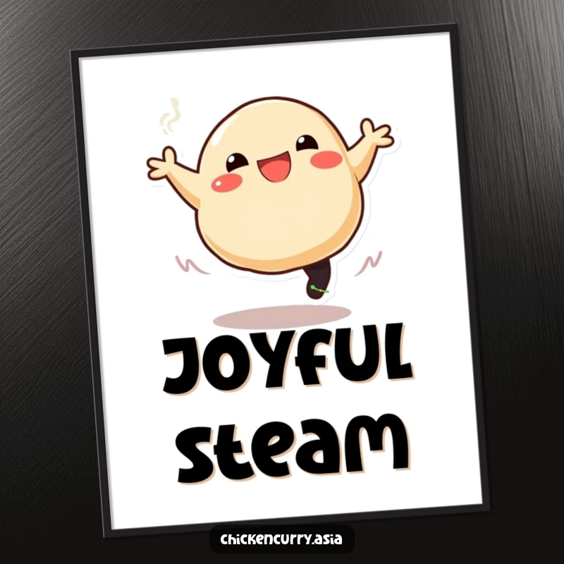Funny poster print of a stylized, smiling dumpling character joyfully leaping and trailing steam, adding a touch of humor to decor.