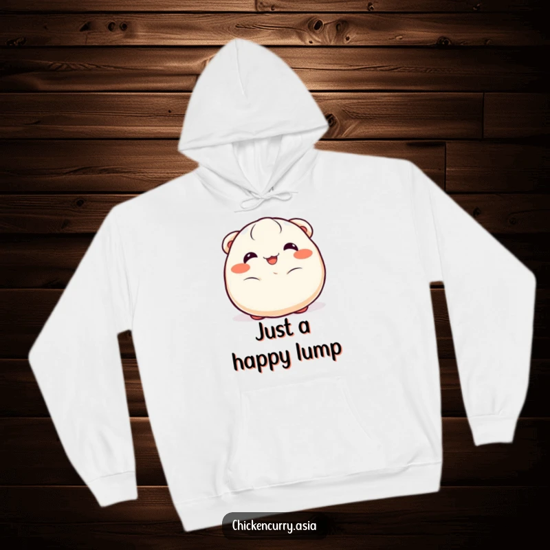 Funny dumpling hoodie, a cheerful character with happy eyes wiggling joyfully, cozy and warm.