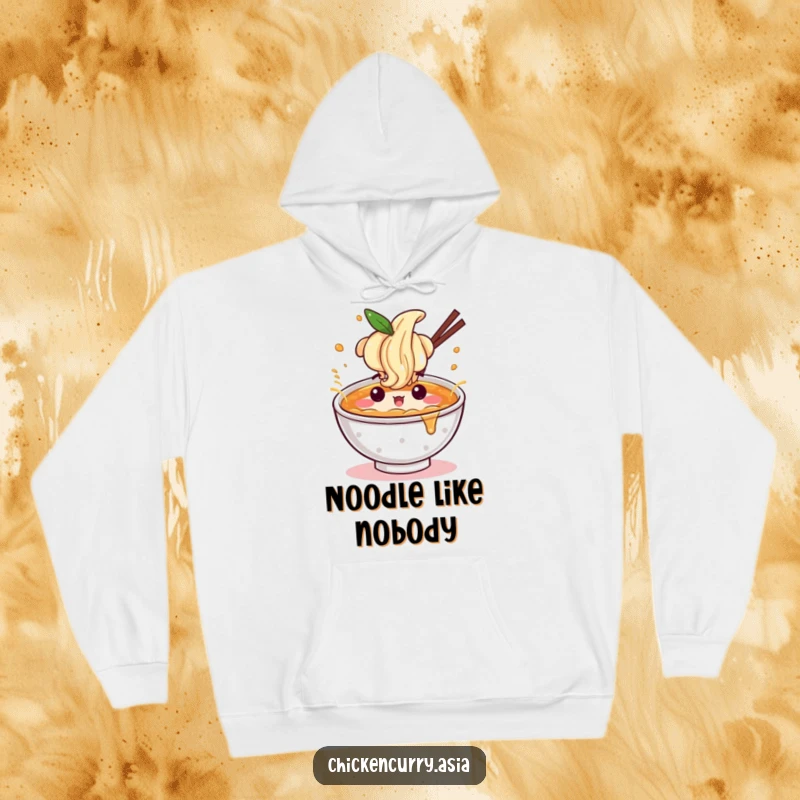 Funny ramen splash hoodie, a character with a fun expression splashing broth, cozy and warm.