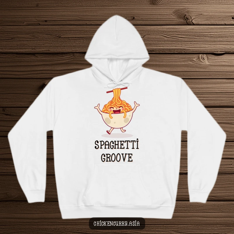 Funny hoodie designed with a happy, stylized bowl of noodles character doing a joyful dance, perfect for cozying up.
