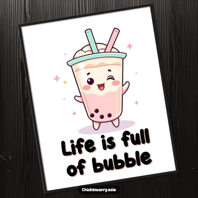 Funny free printable wall art of a playful boba tea character doing an energetic, celebratory spin with its straw.