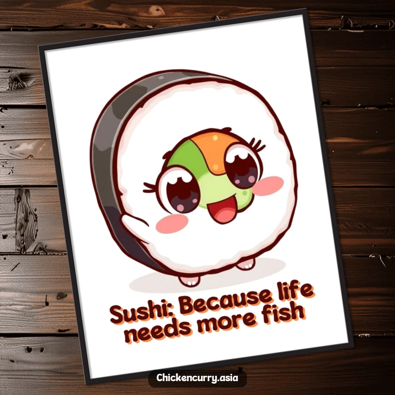 Funny Free Printable Wall Art: A piece of sushi character with wide eyes excitedly reaches for an ingredient.