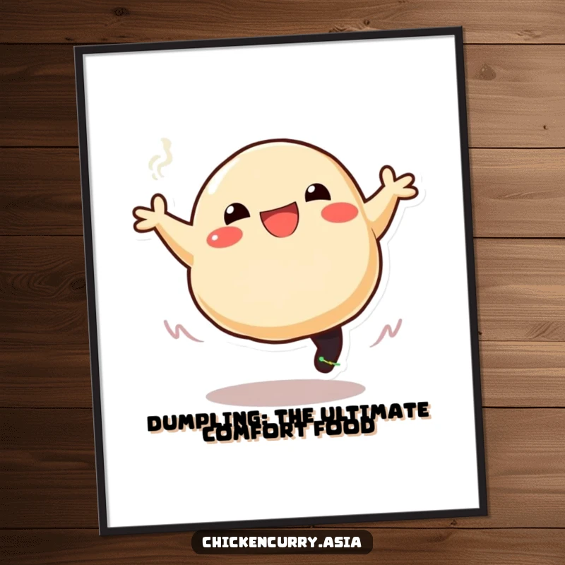 Funny Free Printable Wall Art: A stylized dumpling character leaps joyfully, trailing steam, bringing cheer.