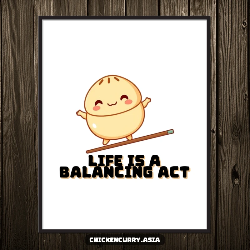 Funny Free Printable Wall Art: A colorful steamed bun character joyfully balances on a single chopstick.