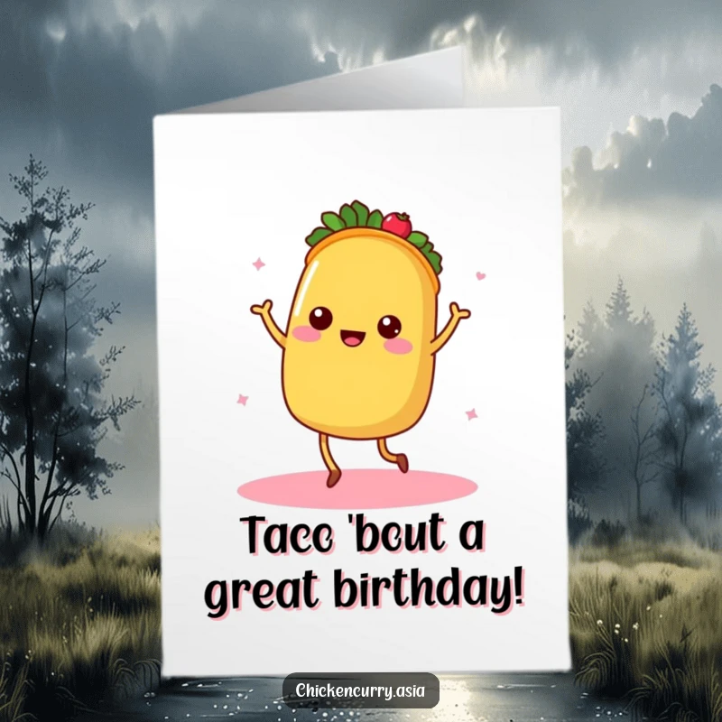 Funny free printable birthday card featuring a dancing taco with tiny legs radiating warmth and festive vibes.