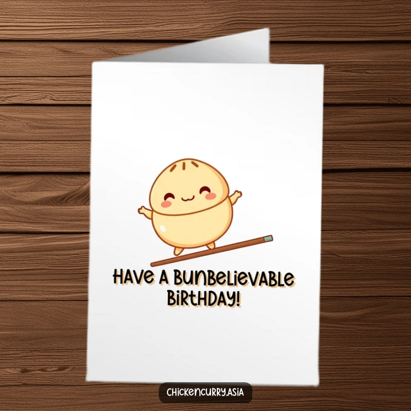 Funny Free Printable Birthday Card: A colorful steamed bun character joyfully balances on a single chopstick.