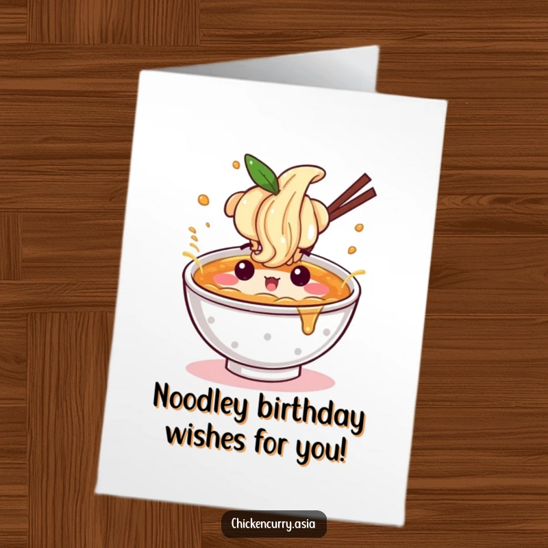 Funny free printable birthday card showing a ramen bowl character with a fun expression splashing broth joyfully.