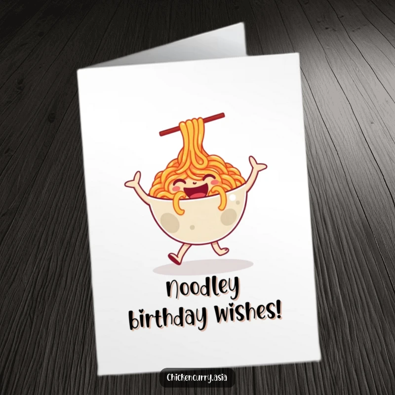 Funny Free Printable Birthday Card: A happy bowl of noodles dances joyfully, celebrating a birthday.