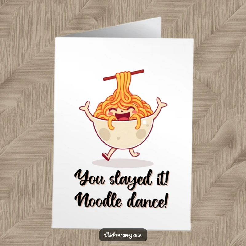 Funny Free Printable Congratulations Card: A stylized bowl of noodles performs a joyful dance, celebrating.