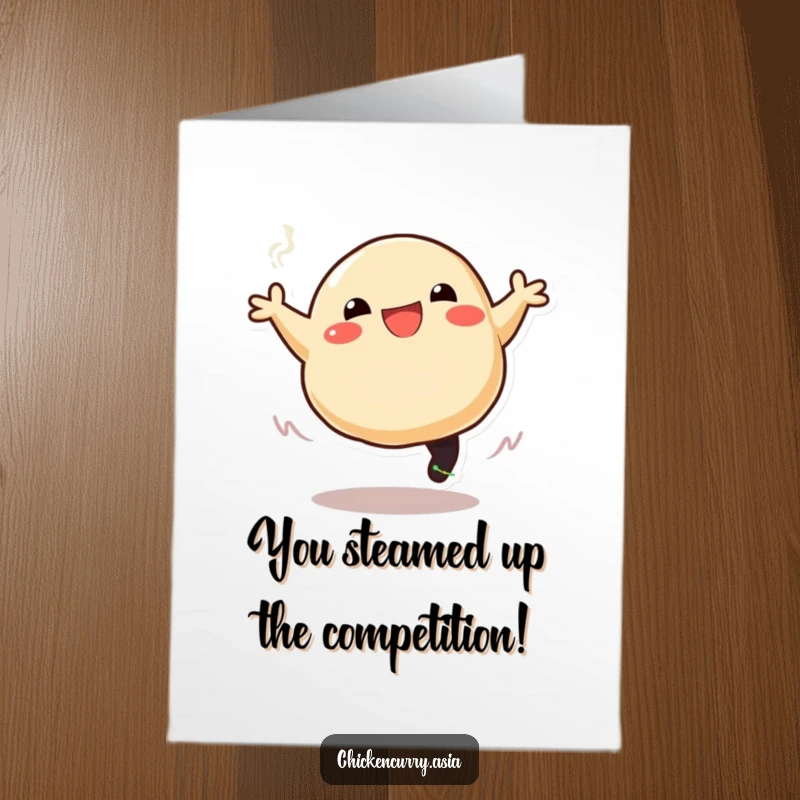 Funny Free Printable Congratulations Card: A stylized dumpling leaps joyfully, trailing steam, celebrating success.