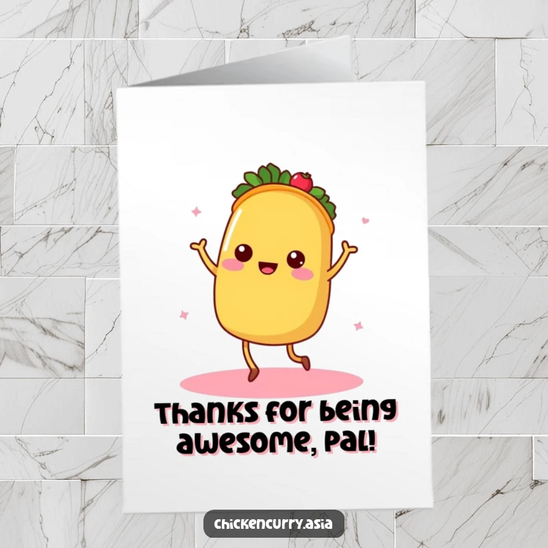 Funny free printable thank you card of a dancing taco with tiny legs radiating a warm, thankful glow.